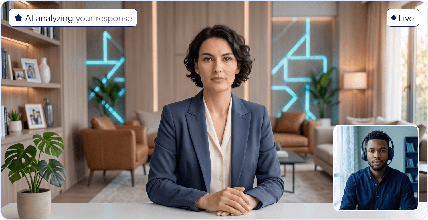 AI interview practice screen with an interviewer, live status, and response analysis